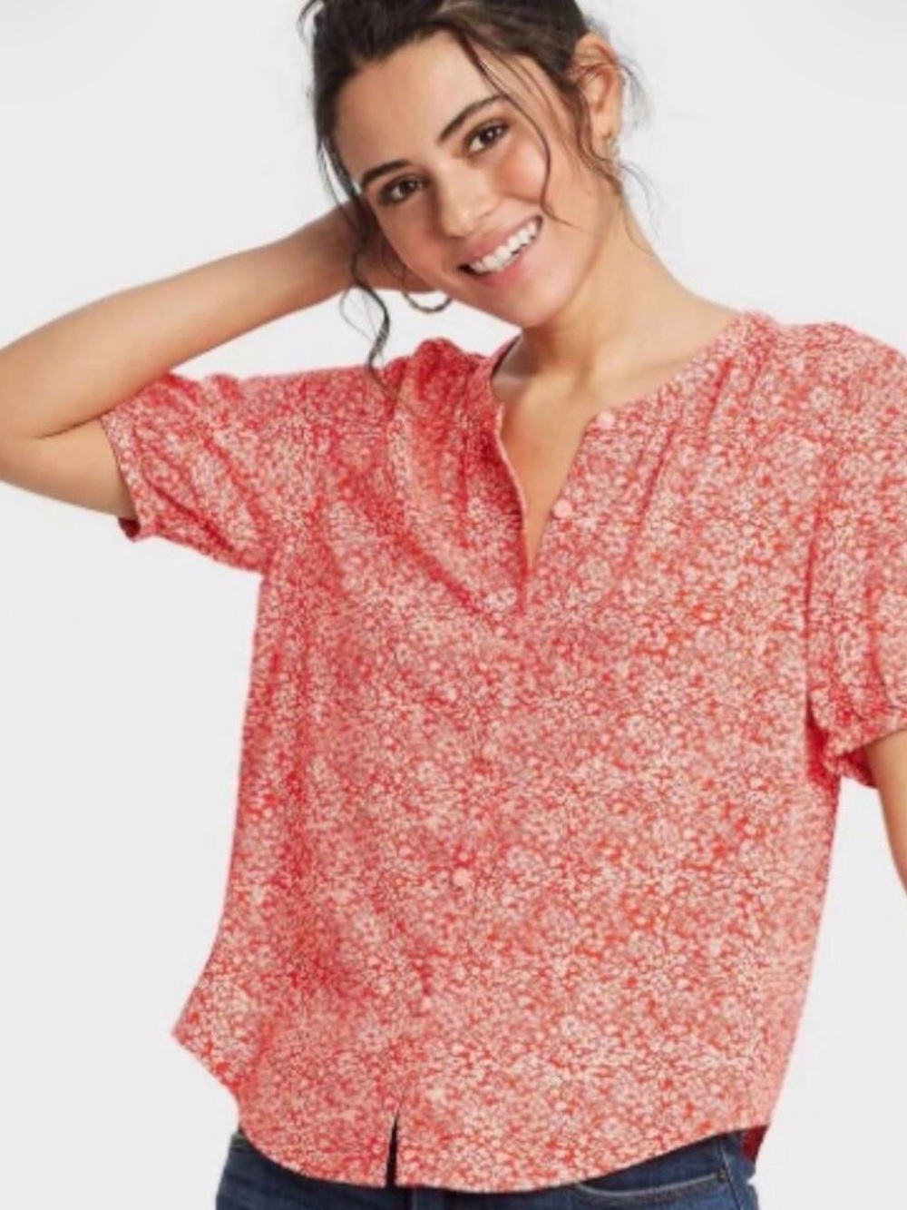 Universal Thread Red Floral Split-Neck Button Blouse - Picture 5 of 6